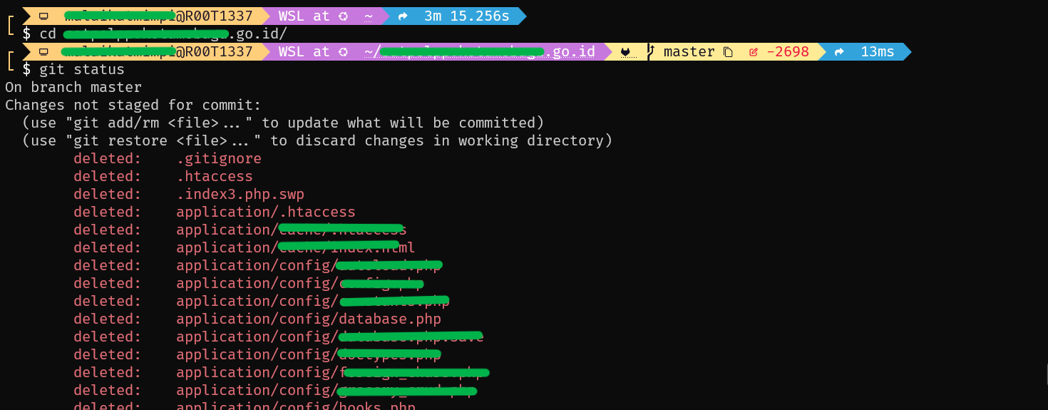 Output git status menampilkan file yang terhapus